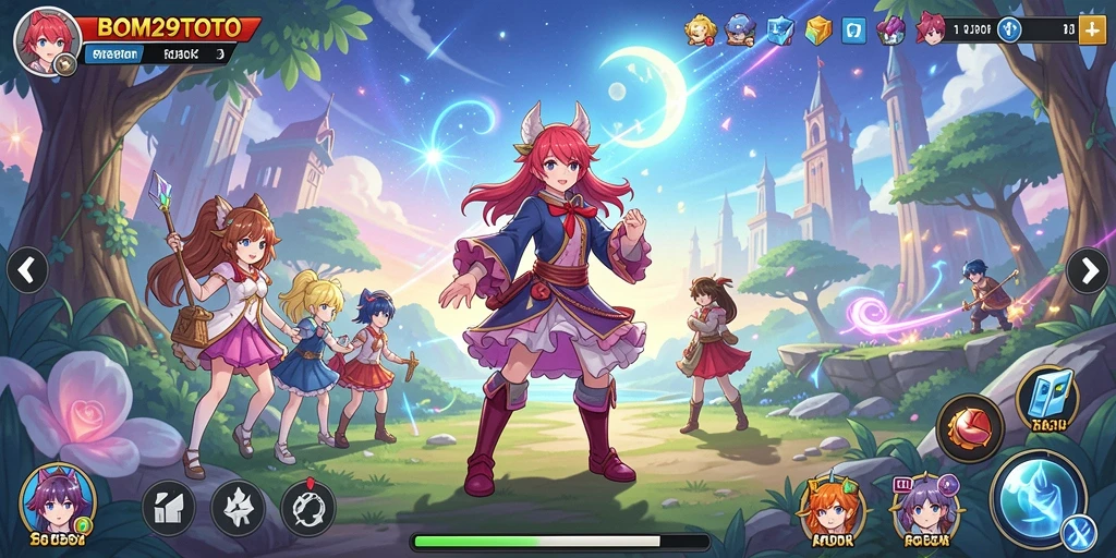 Tampilan gameplay menarik dari BOM29TOTO dengan karakter anime yang dinamis.