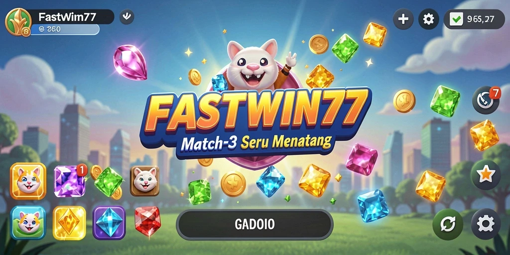 Screenshot gameplay FASTWIN77 menampilkan aksi Match-3 yang penuh warna.