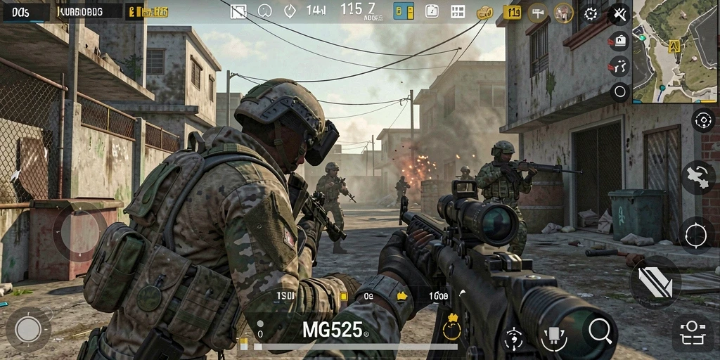 Screenshot gameplay MG525 menampilkan aksi tembak-menembak yang mendebarkan.