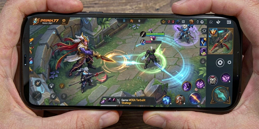 Screenshot gameplay PRIMA77 yang menunjukkan aksi pertempuran MOBA.
