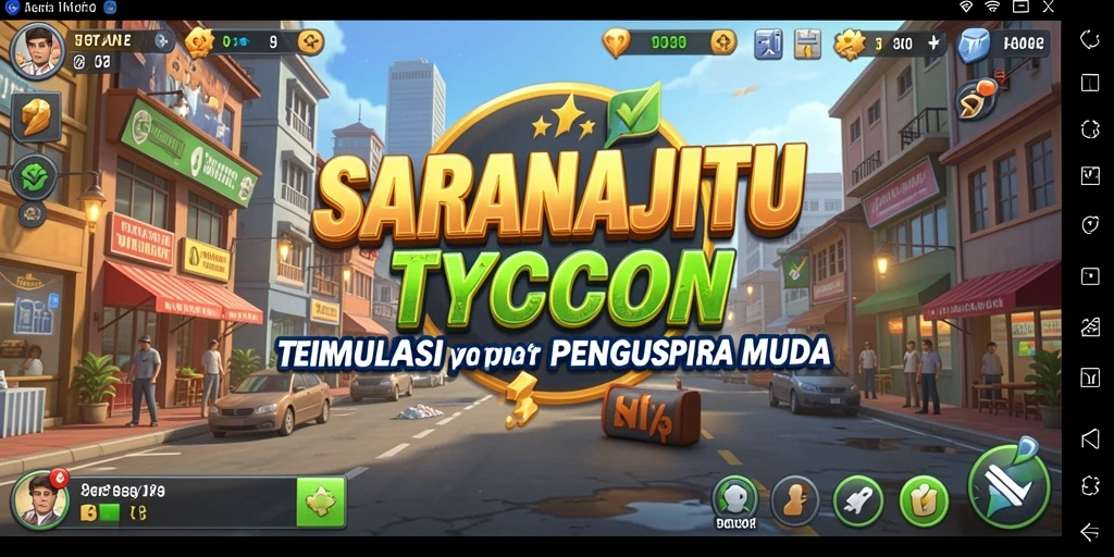 Screenshot utama SARANAJITU menampilkan pemain mengelola bisnis dalam suasana Tycoon.