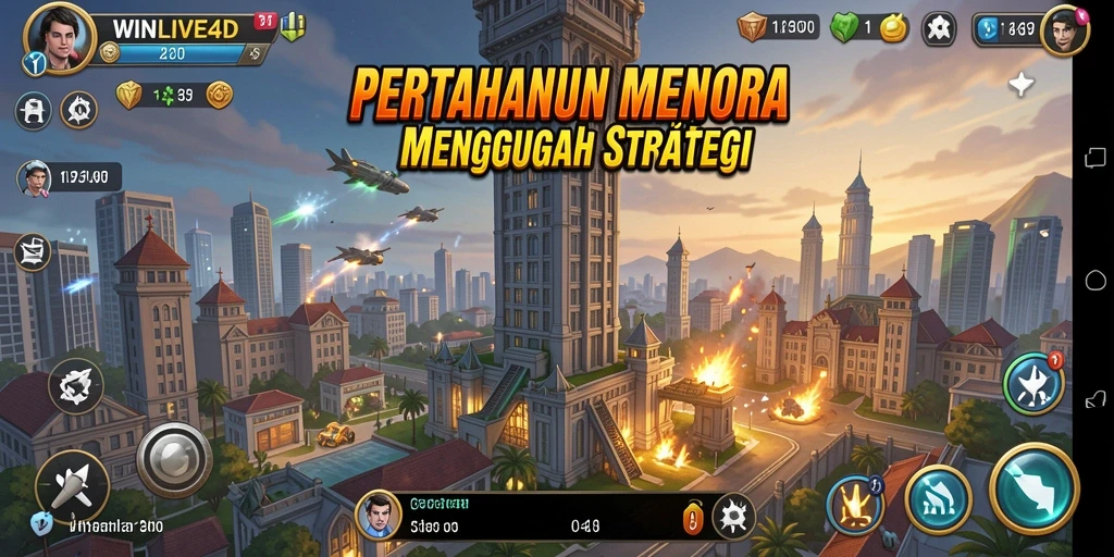 Tampilan gameplay WINLIVE4D yang menegangkan dalam pertahanan menara.