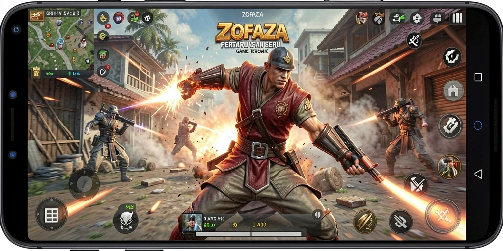 Tampilan gameplay ZOFAZA dengan pertarungan seru dan karakter dinamis.